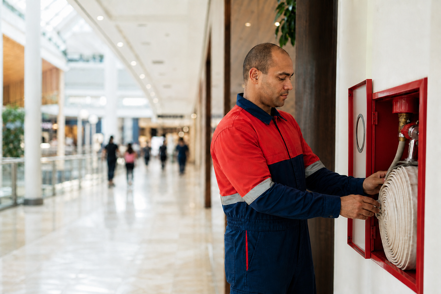 Bombeiro civil inspecionando equipamento de segurança em um shopping
