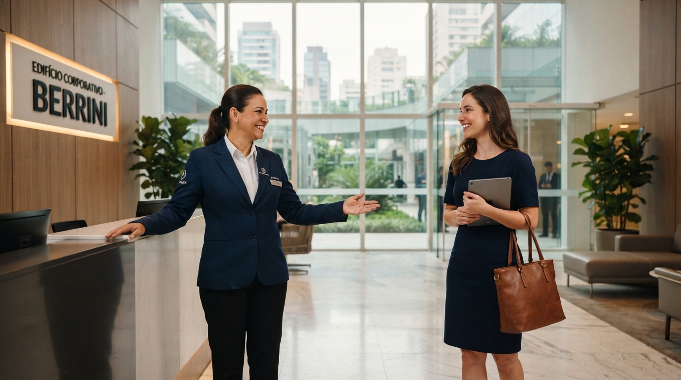 Profissional de recepção conversa com uma visitante em um ambiente corporativo