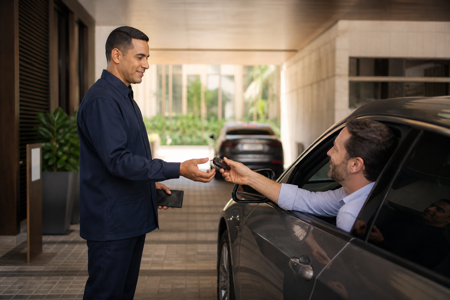 Valet manobrista recebendo a chave de um veículo em uma entrada coberta